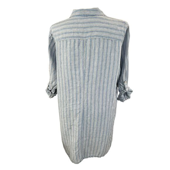 J Jill Love Linen 3X Blue Stripe Roll Tab Sleeve Midi 100% Linen Dress w/Pockets - Picture 4 of 6